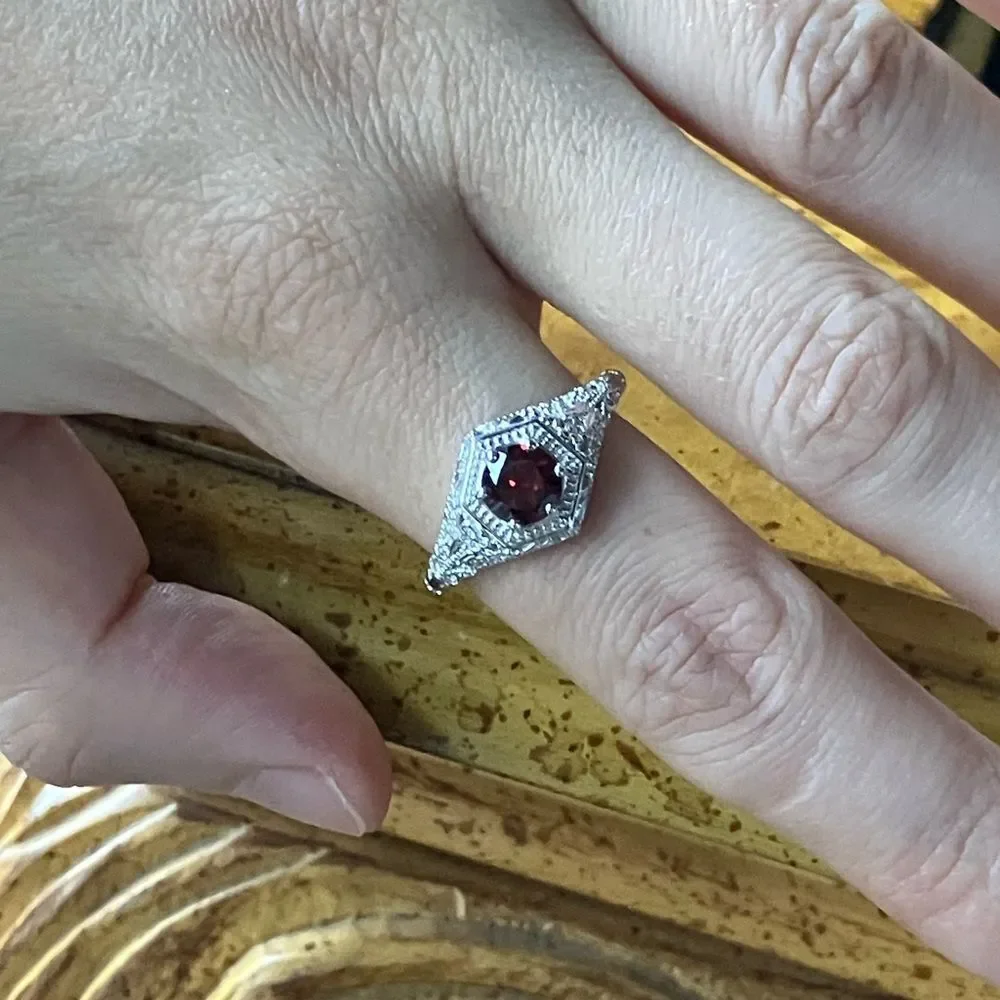 Natural Red Garnet Sterling Silver Art Deco Ring Size 9